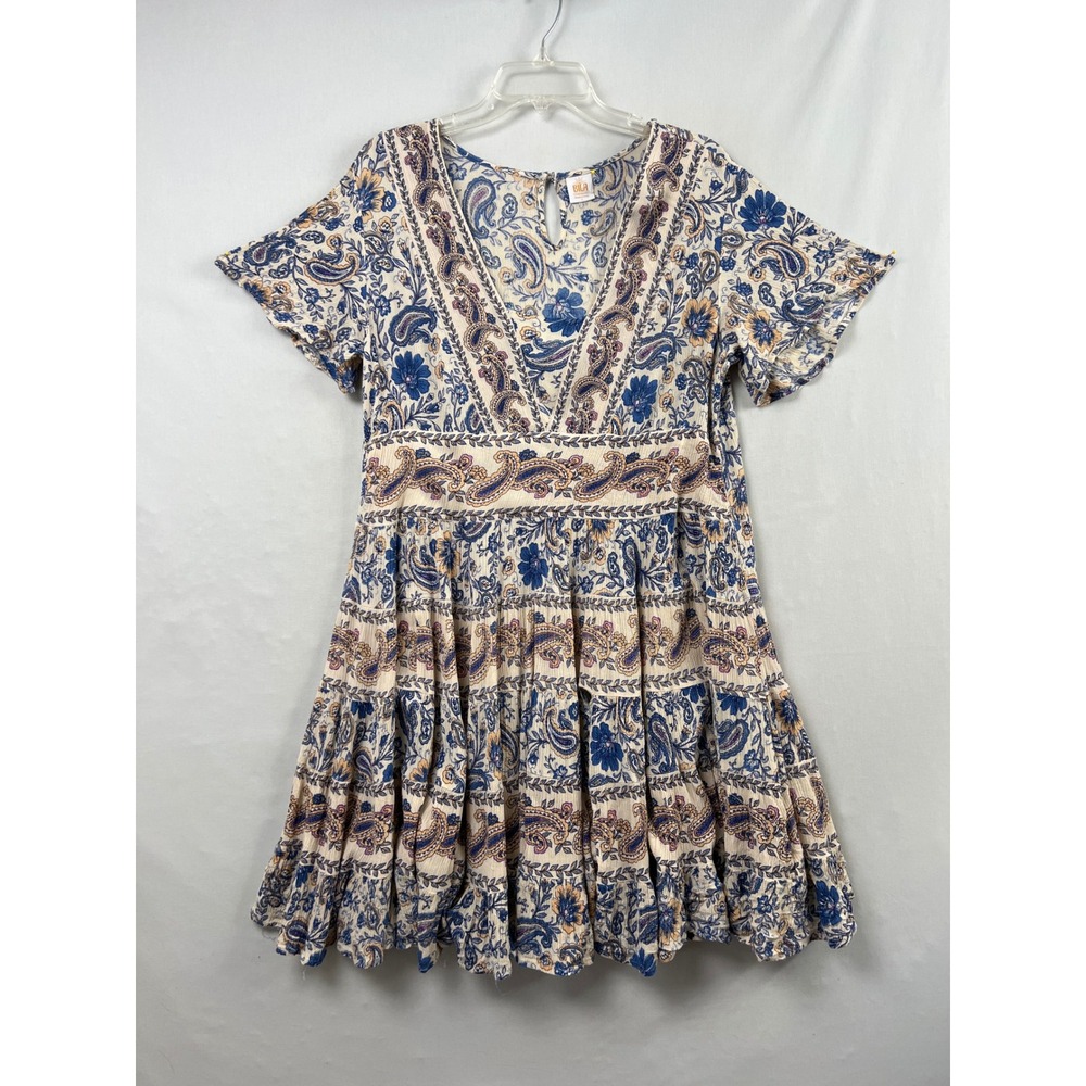 Bila Paisley Floral Mini Dress Womens Large Blue Cottage Excellent Boho Tiered